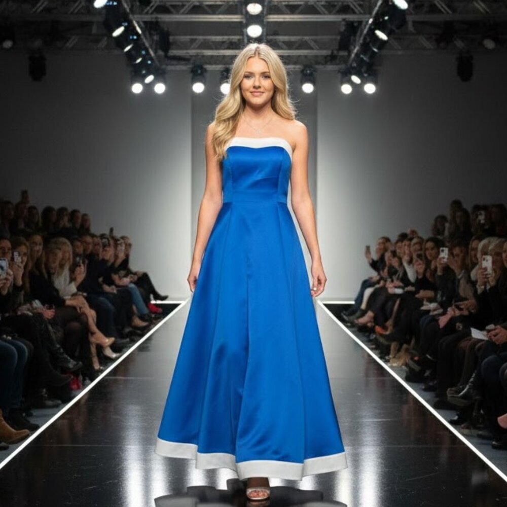 Satin A-Line Royal Blue & White Formal Bridesmaid Gown Dress NWT